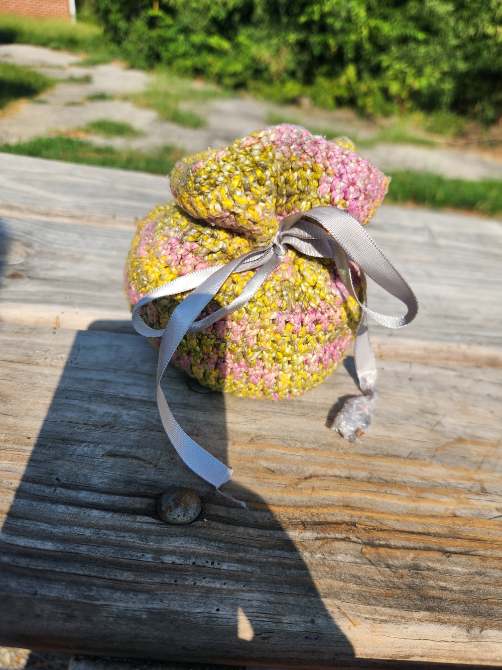 Handmade Speckled Pink & Yellow Crochet Drawstring Pouch